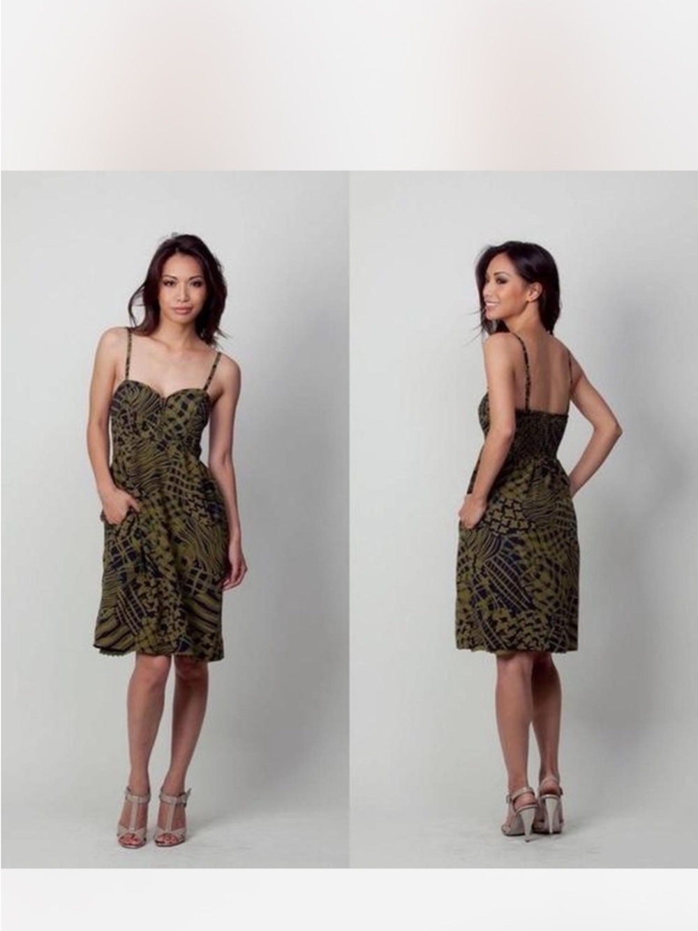 Anthropologie Maple Olive Green and Navy Blue 100% Silk Spaghetti-Strap Sundress